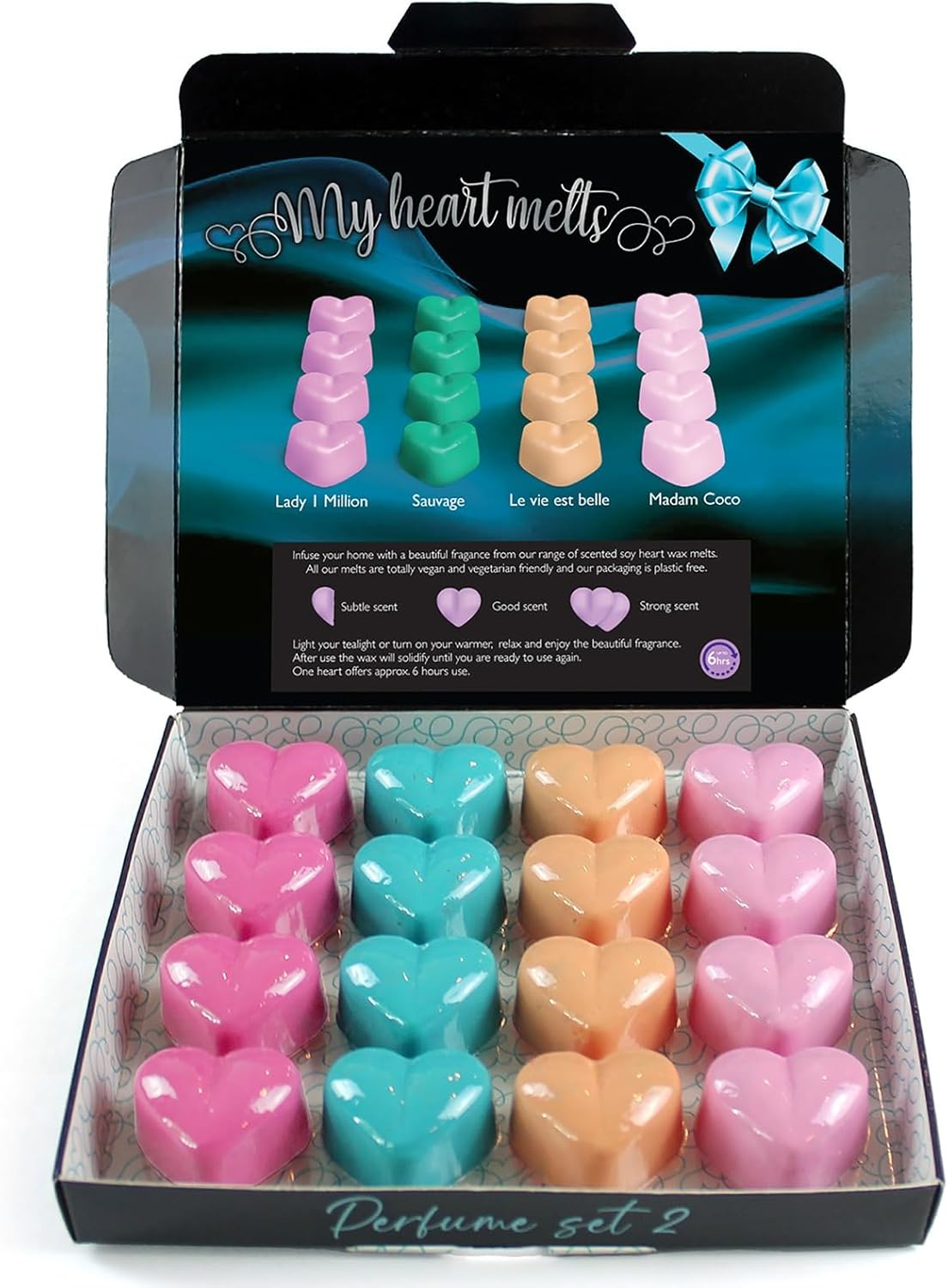 Gemengde parfumwasmelts 2: 16 hartvormige smeltingen in een presentatiegeschenkdoos 4 van elk Madam Coco, Lady 1 Million, La Vie Est Belle, Sauvage