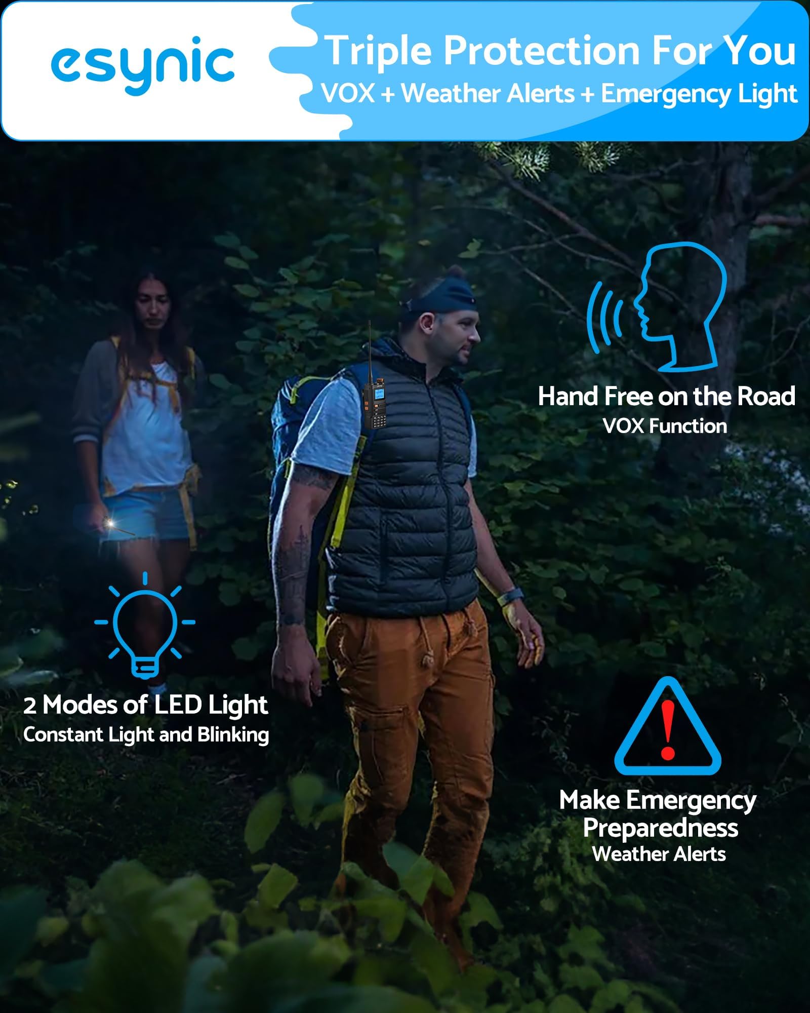 eSynic 2PCS Walkie Talkie Profesional, Walkie UV5R Pro de Largo Alcance 5km con VOX, 999 Canales VHF & UHF Banda, Carga USB C Compatible con Pantalla LCD DTMF FM de Doble Banda