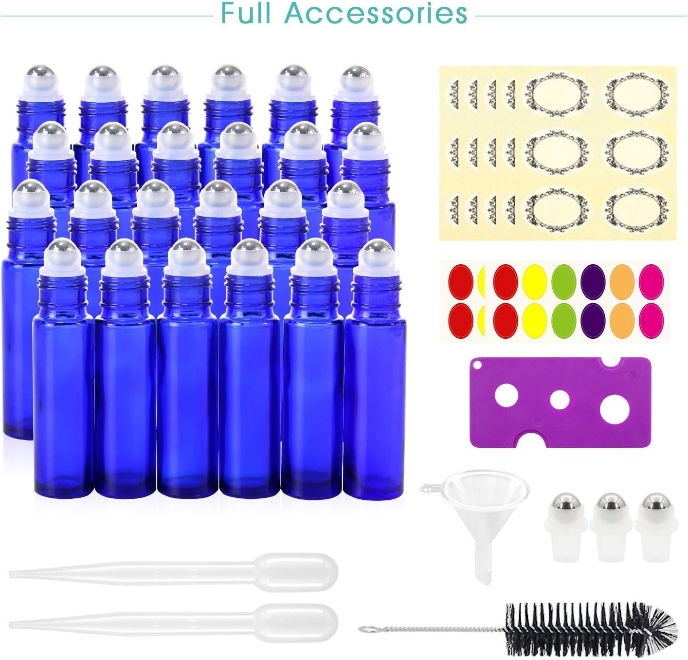 24,10ml Essential Oils Roller Bottles - Cobalt Blue, Glass with Stainless Steel Roller Balls by Mavogel (3 Extra Roller Balls, 54 Pieces Labels, Opener, Funnel, Dropper, Brush Included)