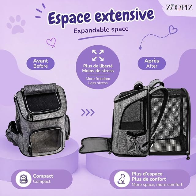 Foto 5 de 7 de ZOOPIZ Mochila Transportable y Ventilada para Gato - Bolsa de Transporte para Gato y Perro Pequeño Hasta 10 kg