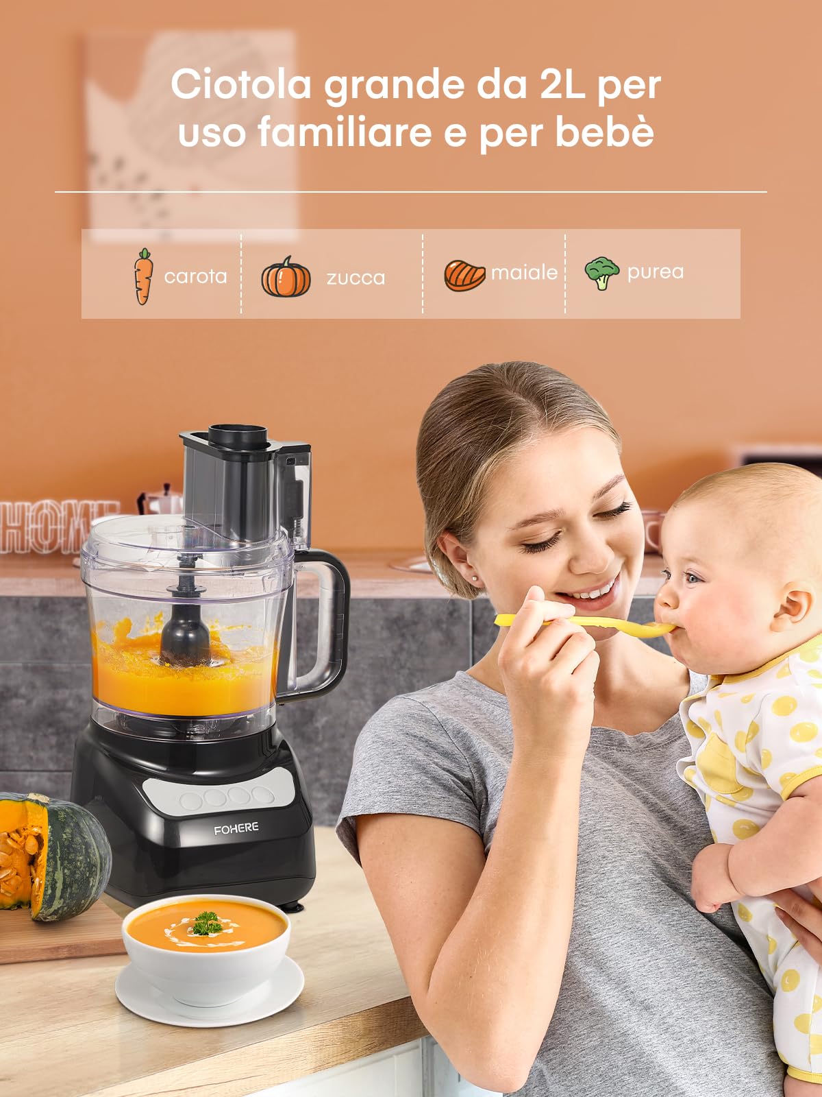 FOHERE Robot da cucina, 12 tazze, 2 in 1, tritatutto e tritacarne per tritare, sminuzzare, sminuzzare, purea e impastare, in acciaio inox