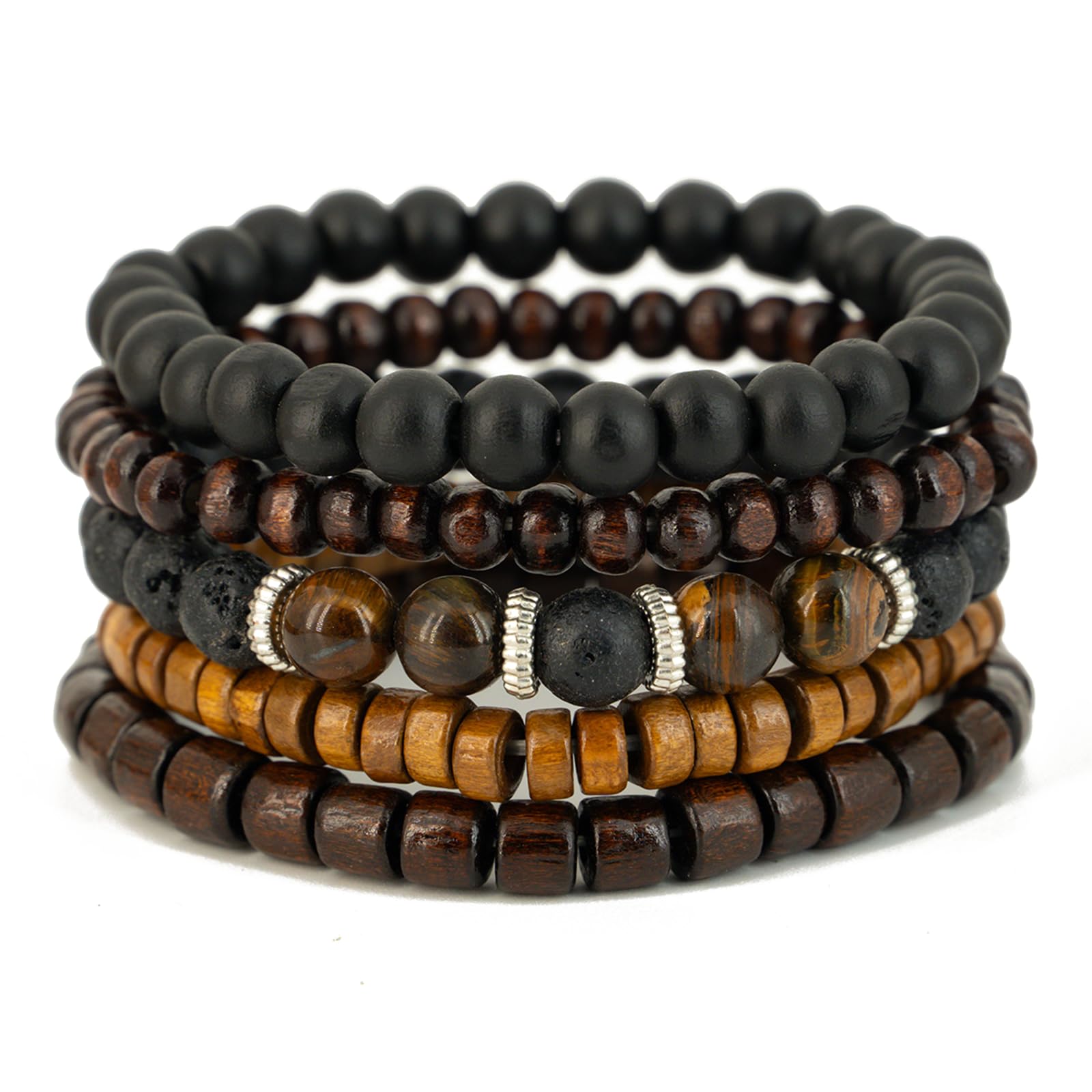 Set di 5 Braccialetti con Perline di Legno, Unisex, Stile Rustico Bohémien, Accessorio di gioielleria Vintage alla Moda, per Uomo e Donna