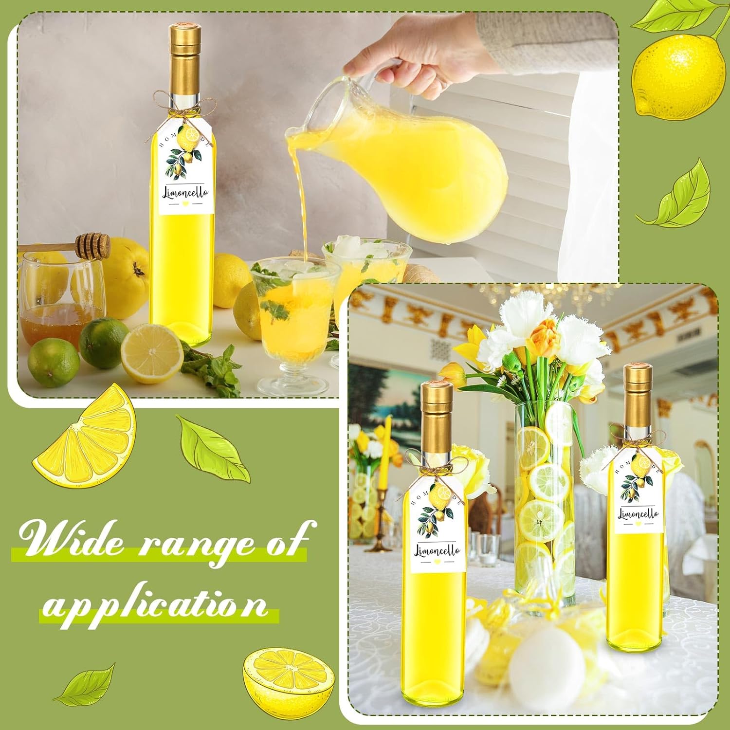 6 Set 16oz Limoncello Glass Bottles for Homemade with Cork Lids and PVC Shrink Capsules, Mini Resin Lemon and Label for Home Limoncello Brewing Beverages Wedding Bridal Shower Gifts(Gold)
