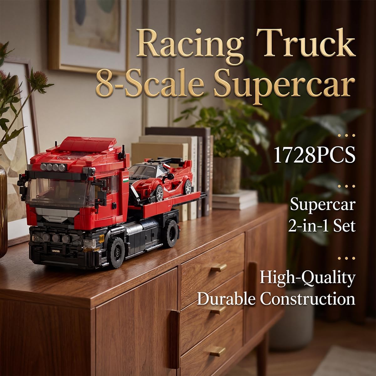 Monster Truck Tow & Sports Car Building Set for Adult Collectors, Semi Truck Toy with Modular Detachable, Includes Detailed Interior & Moving Parts 1728PCS