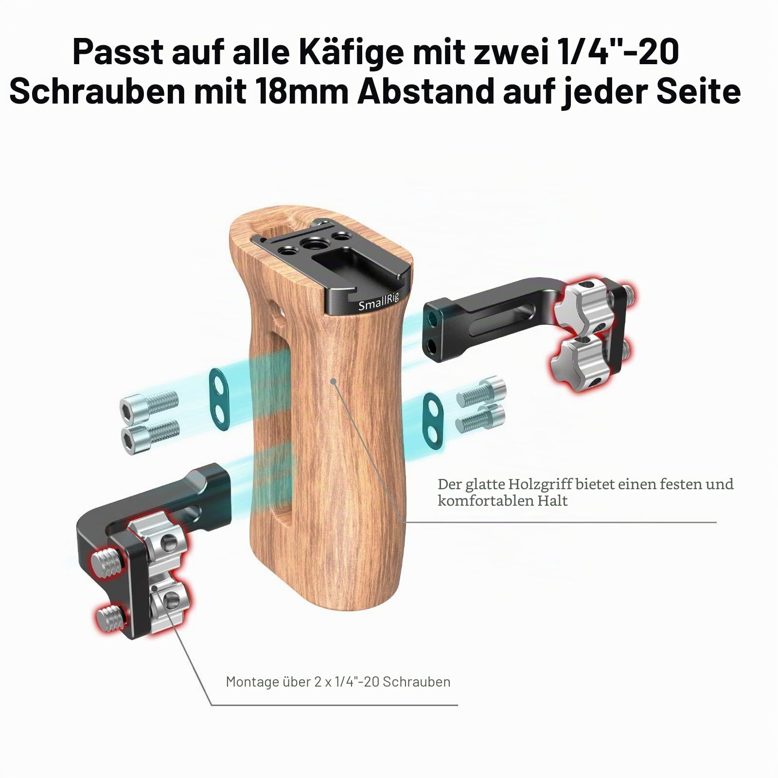 SMALLRIG Universal Wooden Handle mit Threaded Holes und Cold Shoe Holder Verstellbarer Griff für Kamera Cage - 2093C