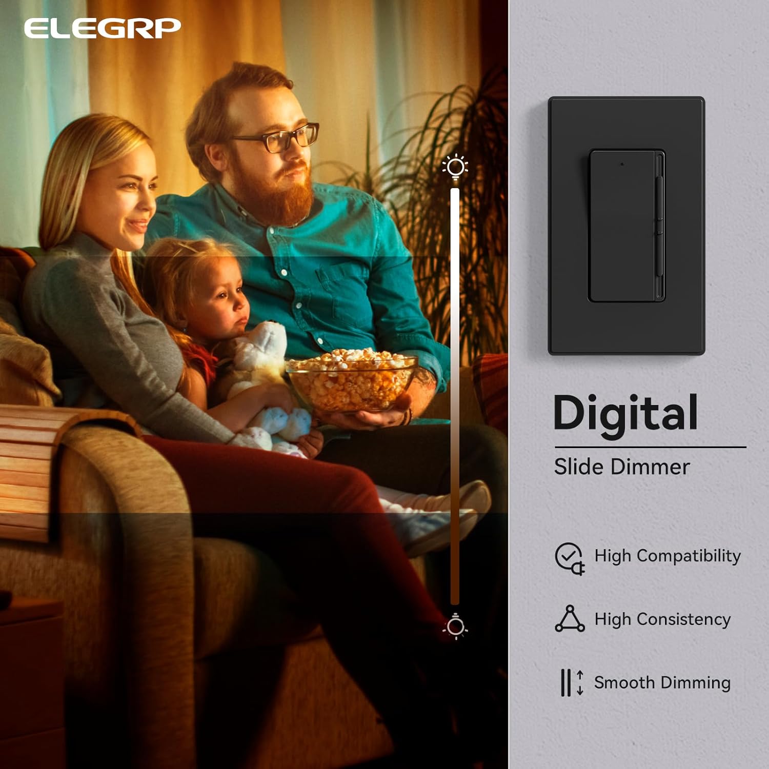 ELEGRP Digital Slide Dimmer Light Switch, Dimmer Switch with Decorative Frameless Design Wallplate for LED/CFL, Incandescent,Halogen Bulbs, Single Pole/3-Way, UL Listed, 10 Pack, Matte White