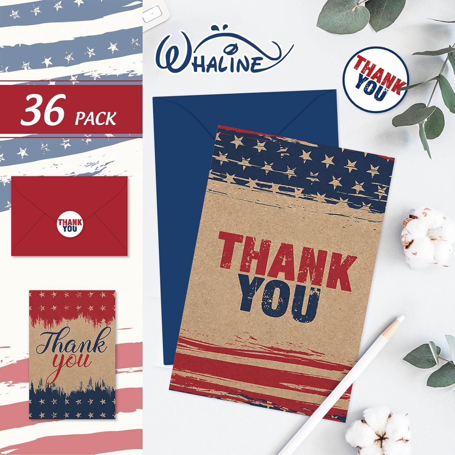 Whaline 36 Packs Vintage Patriotic Thank You Cards 250th Anniversary Red Blue American Flag Greeting Card 4th of July Kraft Blank Note Card with Envelopes Stickers for Independence Day Baby Shower