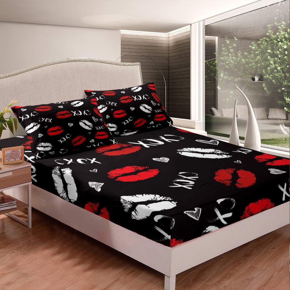 Girls Kiss Fitted Sheet Feminine Red Lips Bedding Set for Kids Women White Lipstick Print Decor Bed Sheet Set Black Sexy Mouth Pattern Bed Cover 3Pcs Full Size