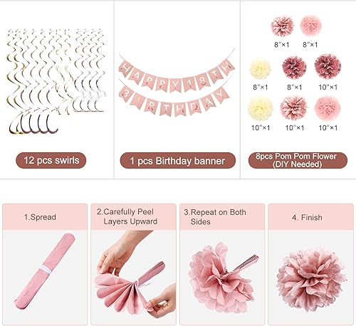 Miniatura 5 de Decoraciones de fiesta de cumpleaños número 18 de oro rosa, pancarta de feliz cumpleaños 18 con purpurina, pompones, kit de espirales colgantes