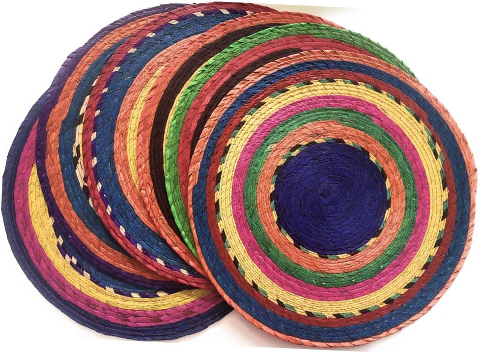 Handwoven Mexican Colorful Round Placemats for Kitchen Dining Table Runner Non-Slip Washable Placemats Heat Insulation Ecological and Biodegradable Set of 6