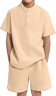 JiAmy Boys' Clothing Set, 2 Pieces, Henley Collar, Short Sleeve Shirt with Shorts, Summer Casual Cotton, Children's Coordi...