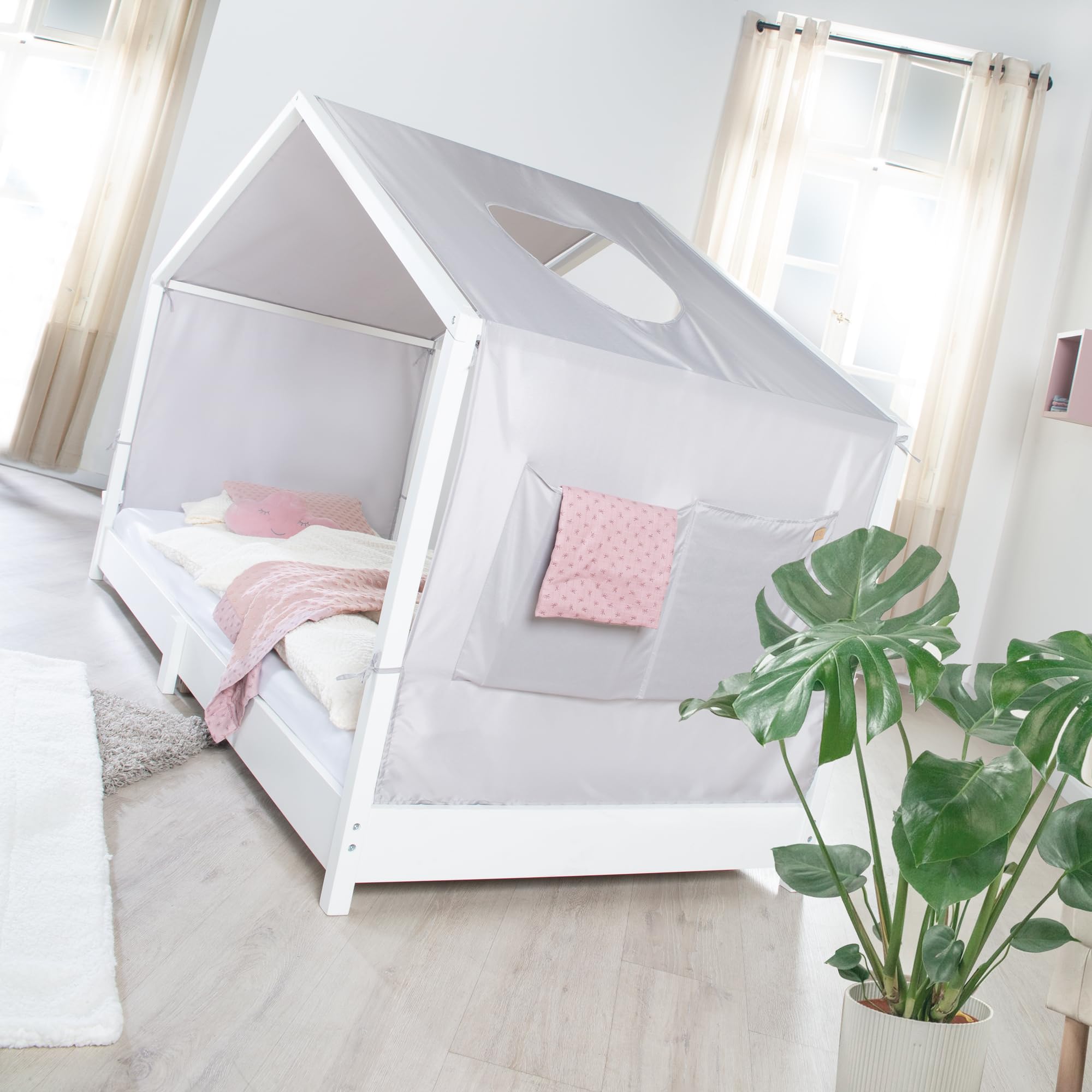 roba Copertura per Letti Montessori 90 x 200 cm - Accessorio Adatto per trasformare Il Letto in Un baldacchino - con 3 Tasche portaoggetti e Finestra sul Tetto - Grigio Chiaro