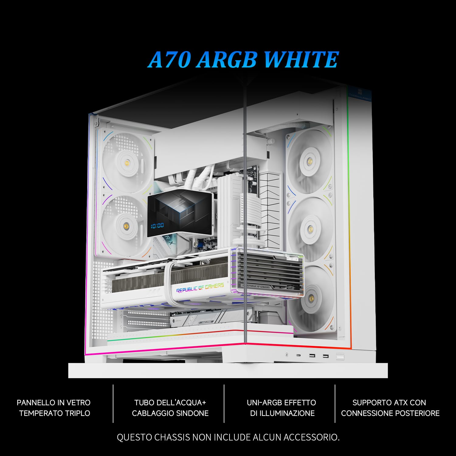 Thermalright TR A70 ARGB Bianco ATX Gaming Case Vetro senza colonne a tre lati 8 slot per ventola CPU + flusso d'aria a rilascio rapido montaggio della scheda grafica verticale anti-appannamento