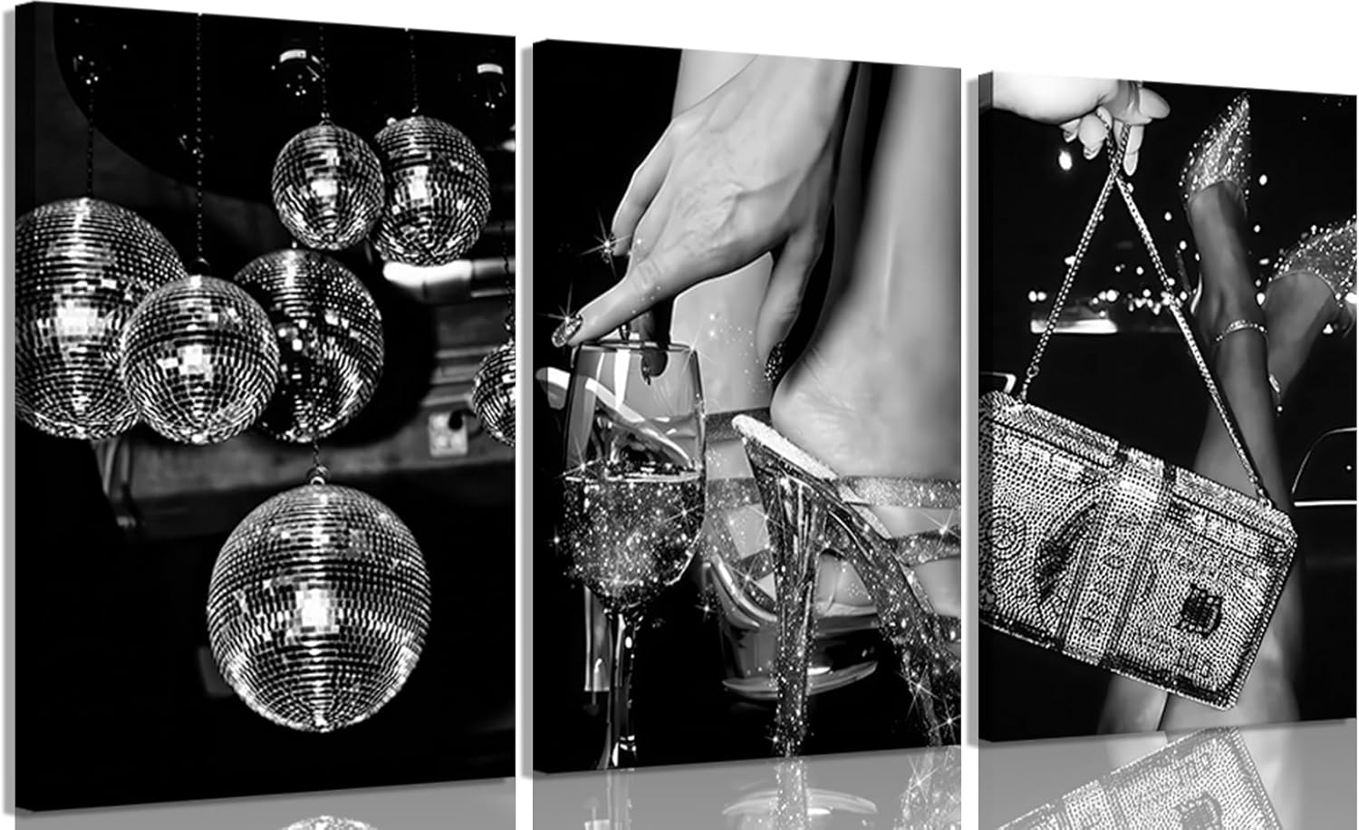 3pcs Trendy Black White Fashion Women Canvas Wall Art Luxurious Feminism Painting Picture Wall Decor Woman Drinking At Bar With Disco Ball Poster Print Artwork for Bedroom Living Room Home Decoration
