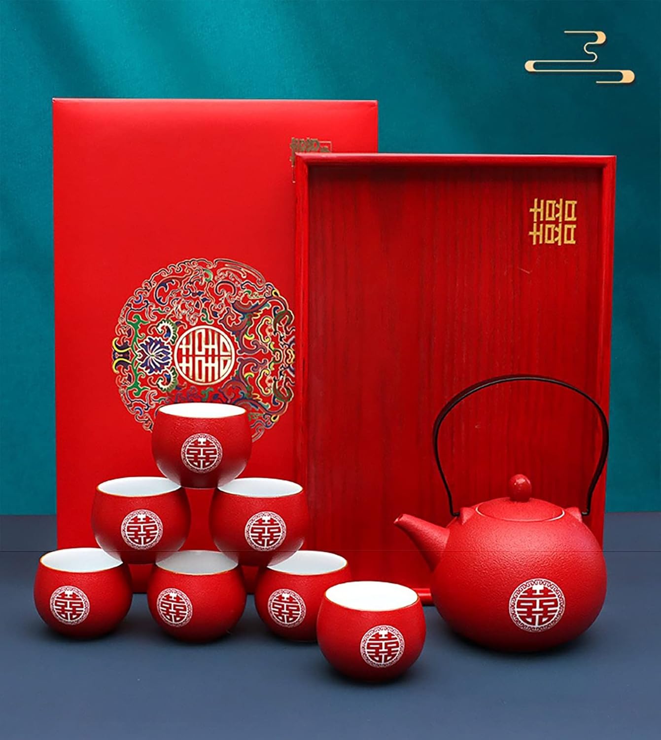 Chinese Kung Fu Tea Set Teapot Double Happiness Porcelain