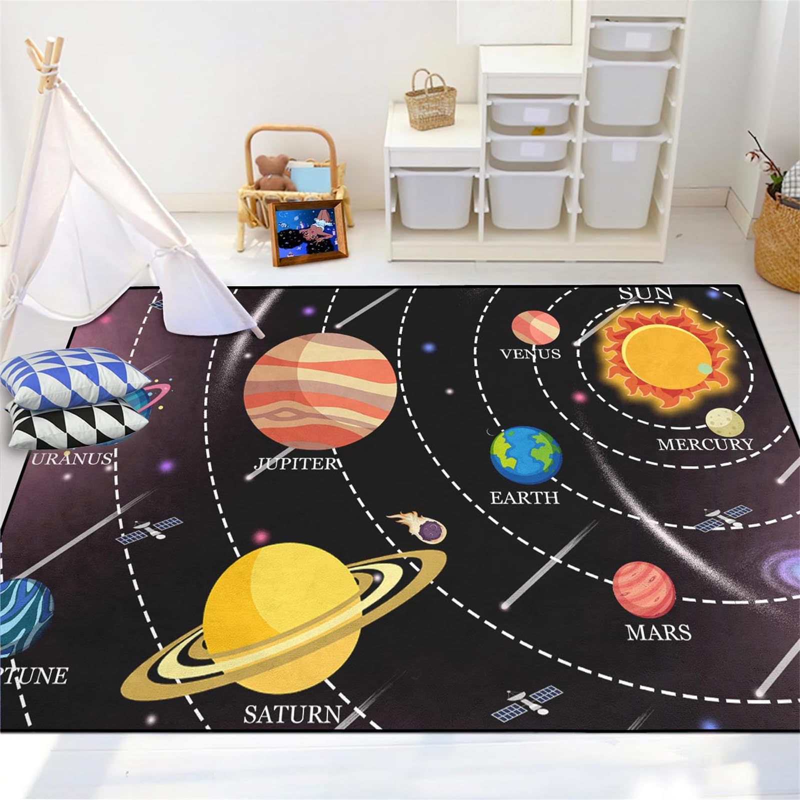 JPSBJWJ Space Rug for Boys Room - Solar System Rug Galaxy Planet Print Area Rug Outer Space Theme Decor Kid Bedroom Space Themed Educational Learning