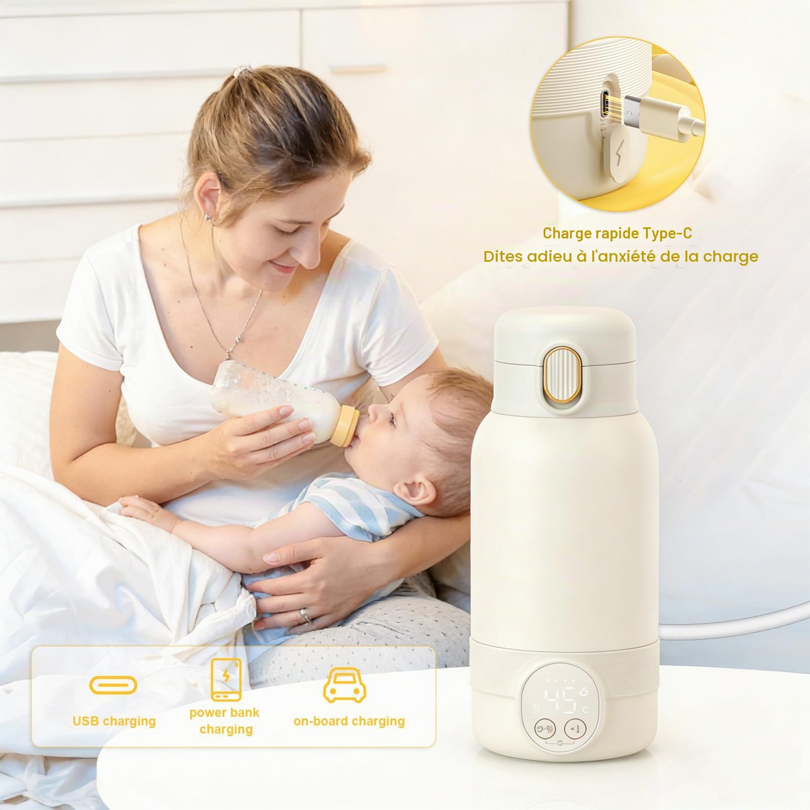 Chauffe Biberon Nomade Portable Sans Fil,500ml Réchauffeur Biberon Voiture | avec Batterie 14000mAh, Contrôle Température 37-55°C, Inox 316, Idéal pour Voyage,Nuit et Petit Pot avec Verrouillage