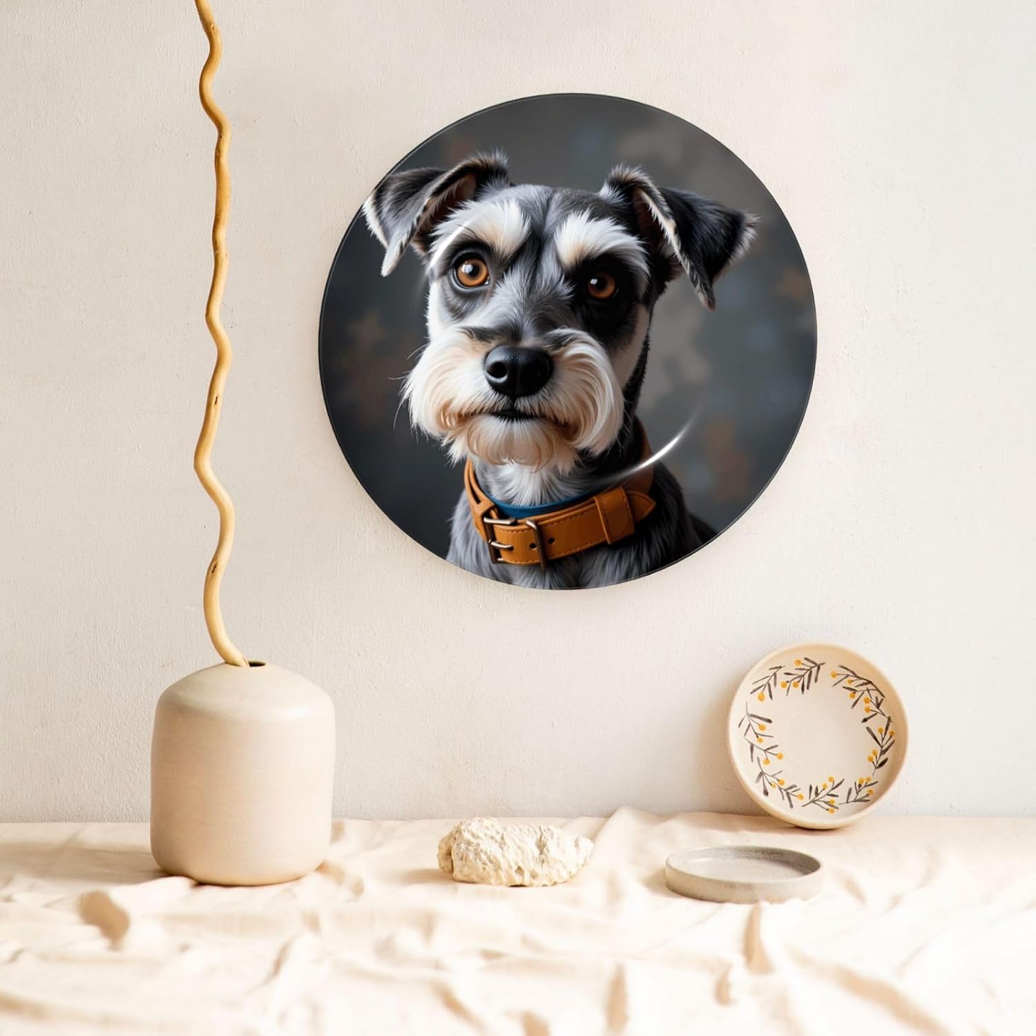 Animal Schnauzer Dog Style Ceramic Plate Display Decorative Plate With Stand Wall Hanging Plate For Home Decor 10 Inch