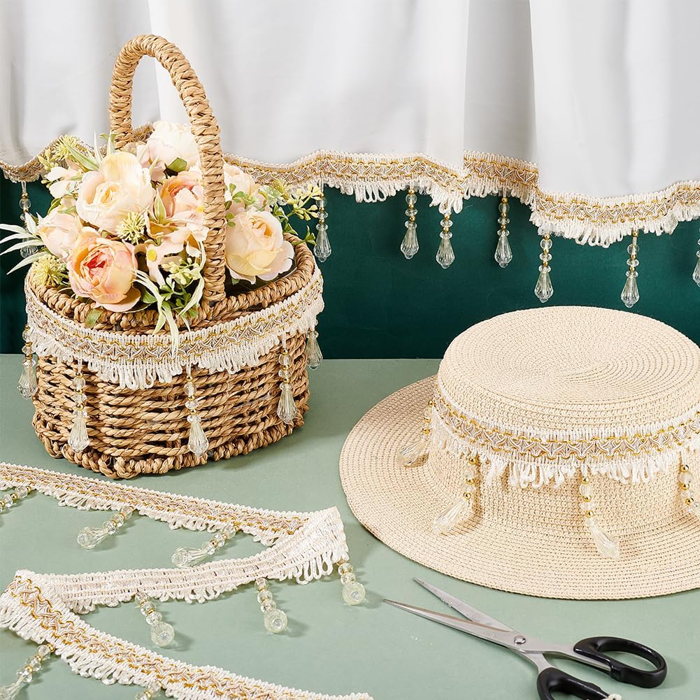 PH PandaHall 12 Yards Beaded Fringe Trim, 3-3/4 inch Sewing Trim Fringe Hanging Tassel Trim Golden Crystal Beaded Trim Lace Ribbon for Curtain Tablecloth Home Decor Dress Clothes DIY Crafting