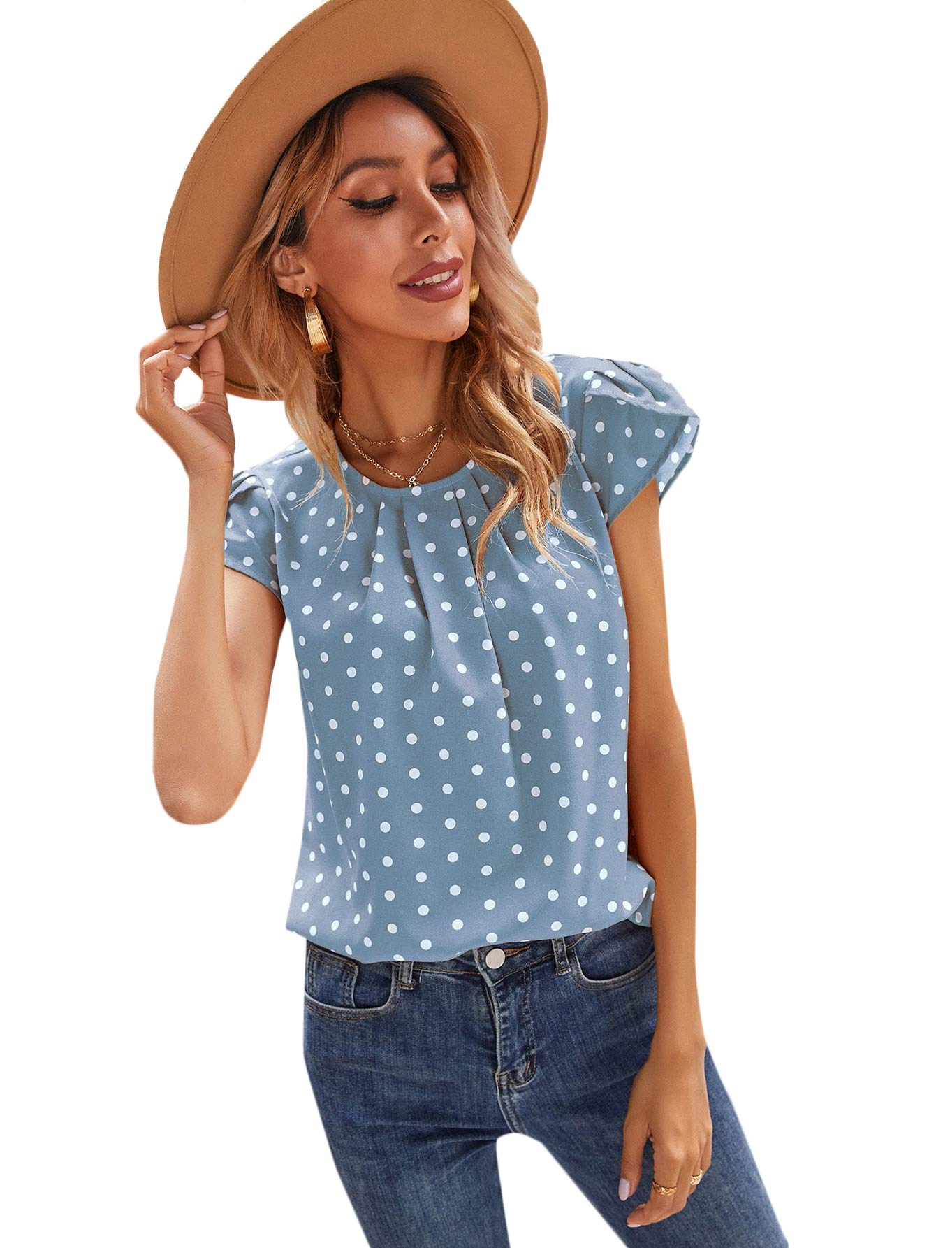 Women's Elegant Petal Short Sleeve Round Neck Fold Pleated Polka Dots Blouse Tops