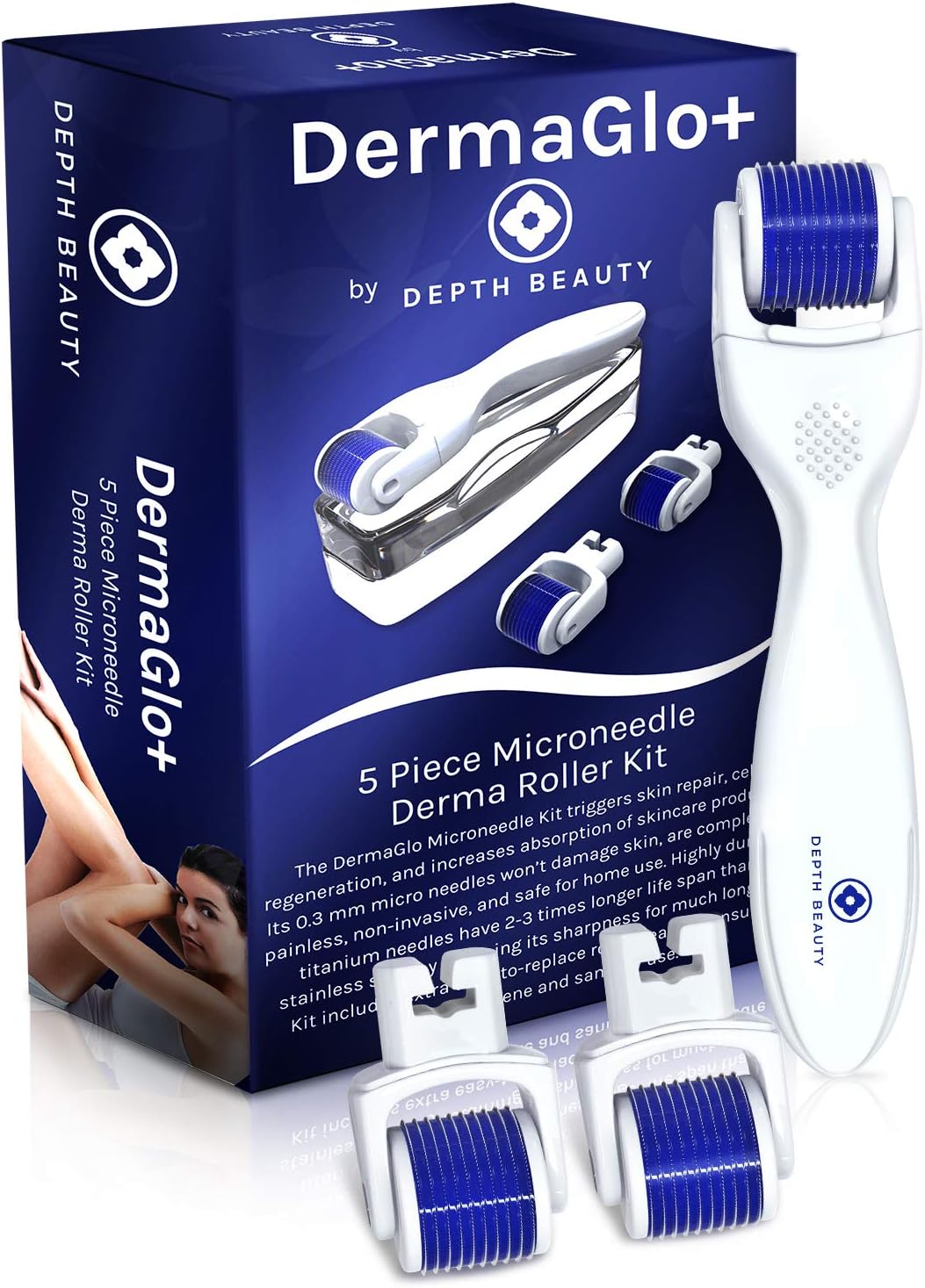 Derma Roller Microneedling Kit – 0.3MM Microneedle Roller | 3 Replacement Dermaroller Heads and Storage Case | Micro Needle Roller for Face and Body | Micro Needling Face Roller for Microdermabrasion