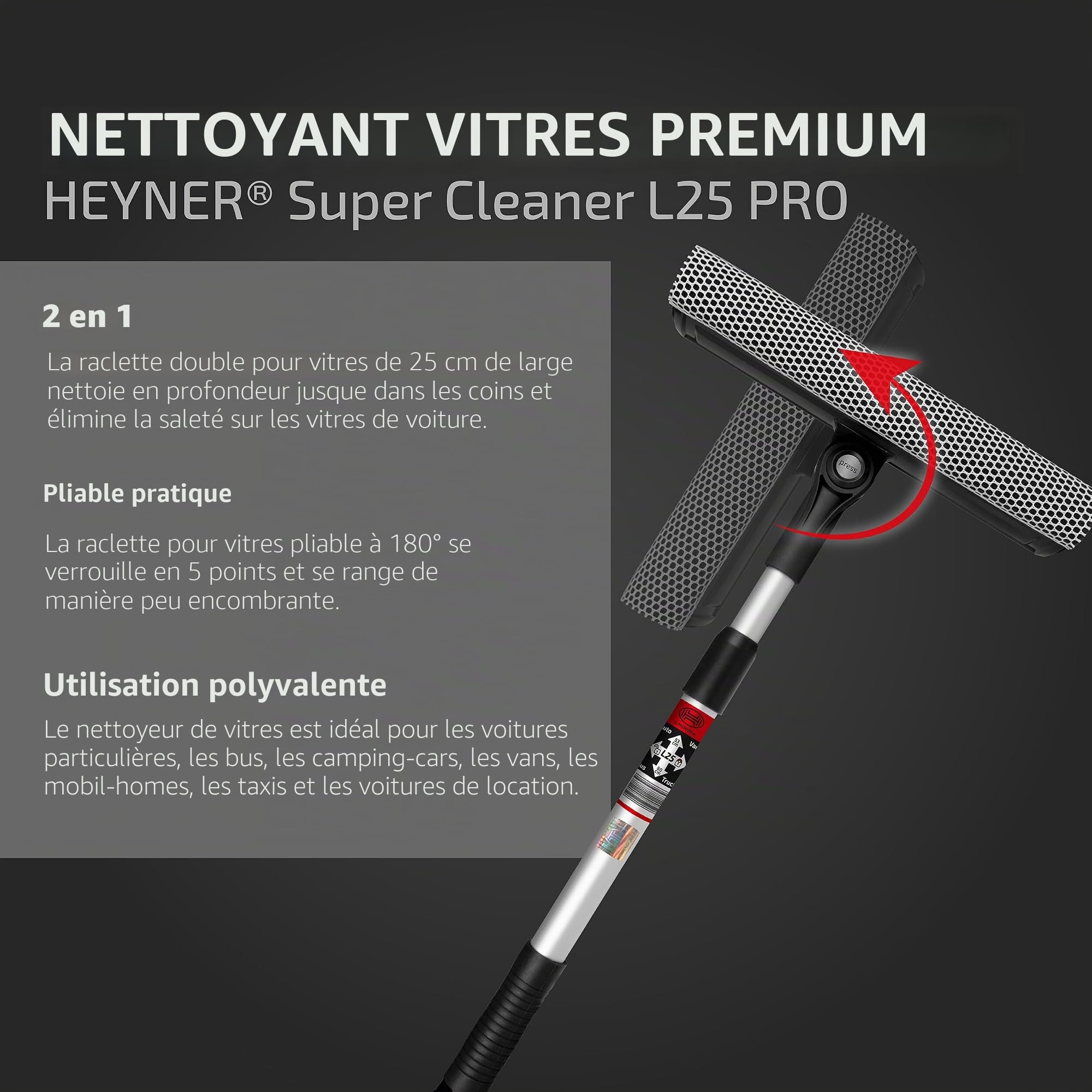 HEYNER® Lave-vitres avec Manche télescopique I Pliable 50-80cm de Long I Essuie-vitres pour Voiture, Camping-Car, Bus & Van I 25 cm de Largeur d'essuyage, Manche Aluminium