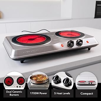 OVENTE Electric Infrared Double Burner, 1700W Hot Plate, Silver BGI102S