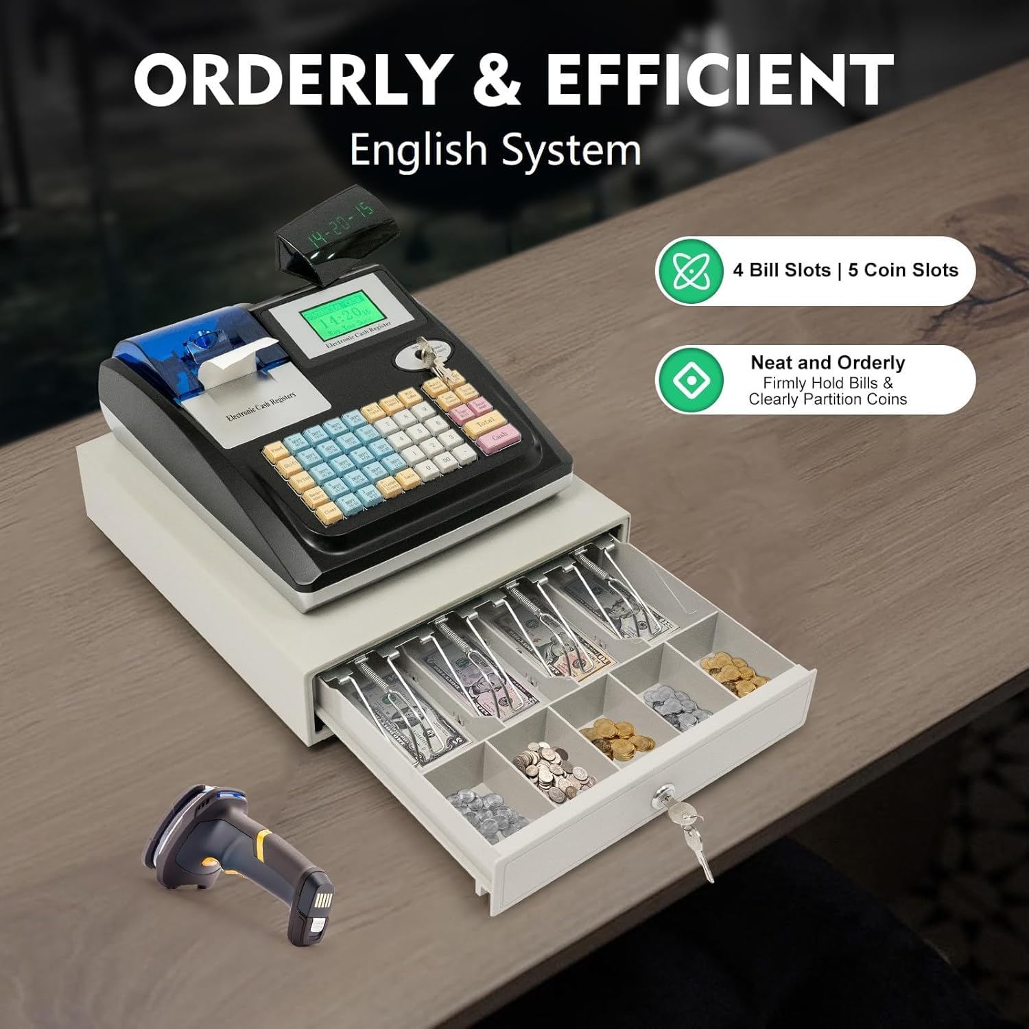 Caja registradora electrónica, versión inglesa con cajón de efectivo, 48 teclas, doble pantalla LED, caja registradora, varios métodos de pago, caja registradora electrónica para restaurantes