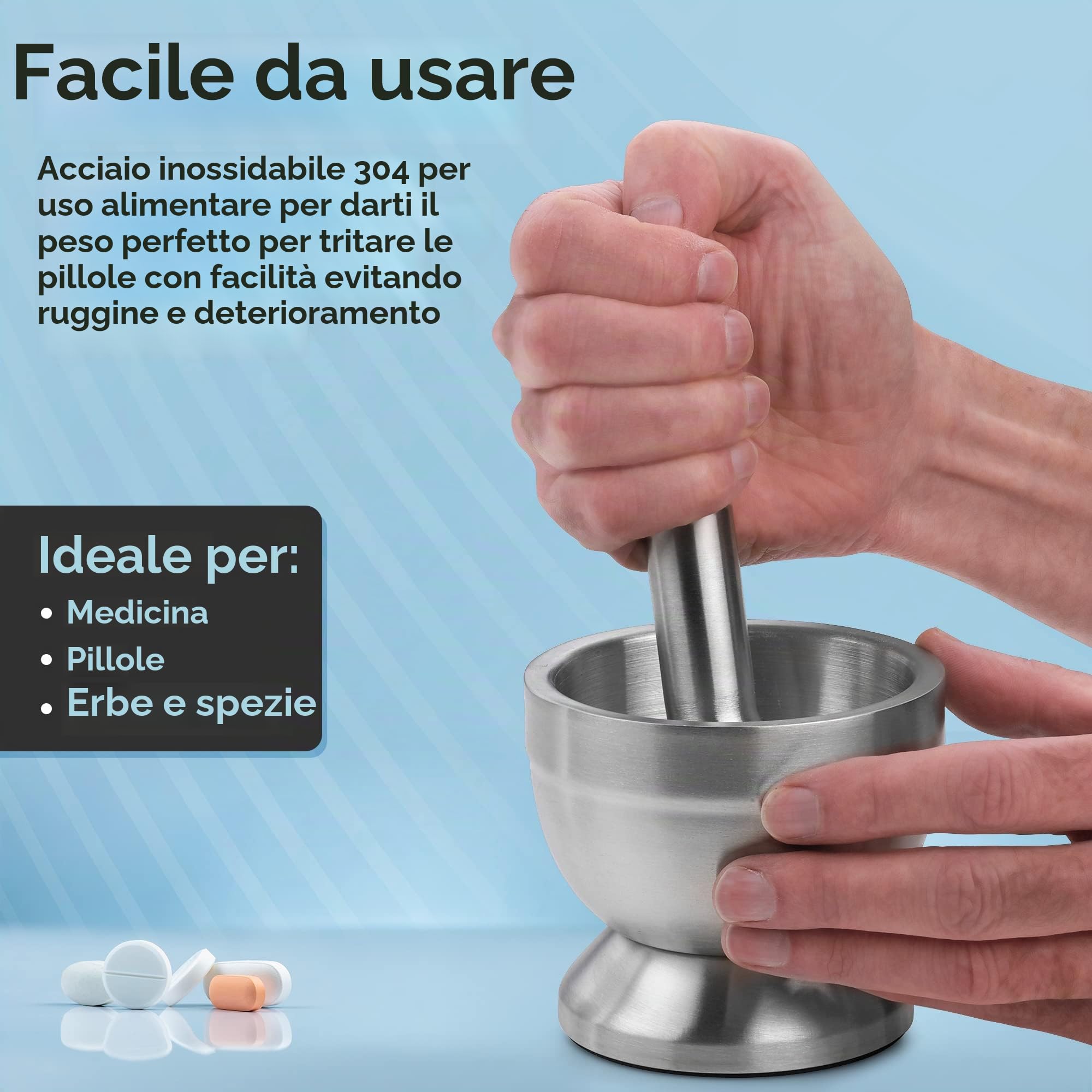 Pillola frantoio - 304 Food Grade in acciaio inossidabile malta e pestello medicina macinatore Set - antiscivolo Splitter per schiacciare facilmente medicina per adulti, cani, animali domestici.