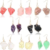 Sureio 8 Pairs Handmade Natural Crystal Drop Earrings for Women - Raw Amethyst Healing Stones Dangle Earrings Set