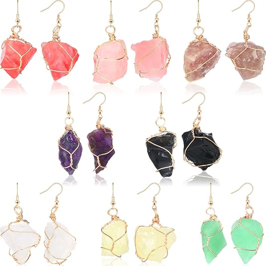 8 Pairs Handmade Crystal Drop Earrings for Women Natural Raw Amethyst Dangling Earrings Healing Crystals Earrings Sets