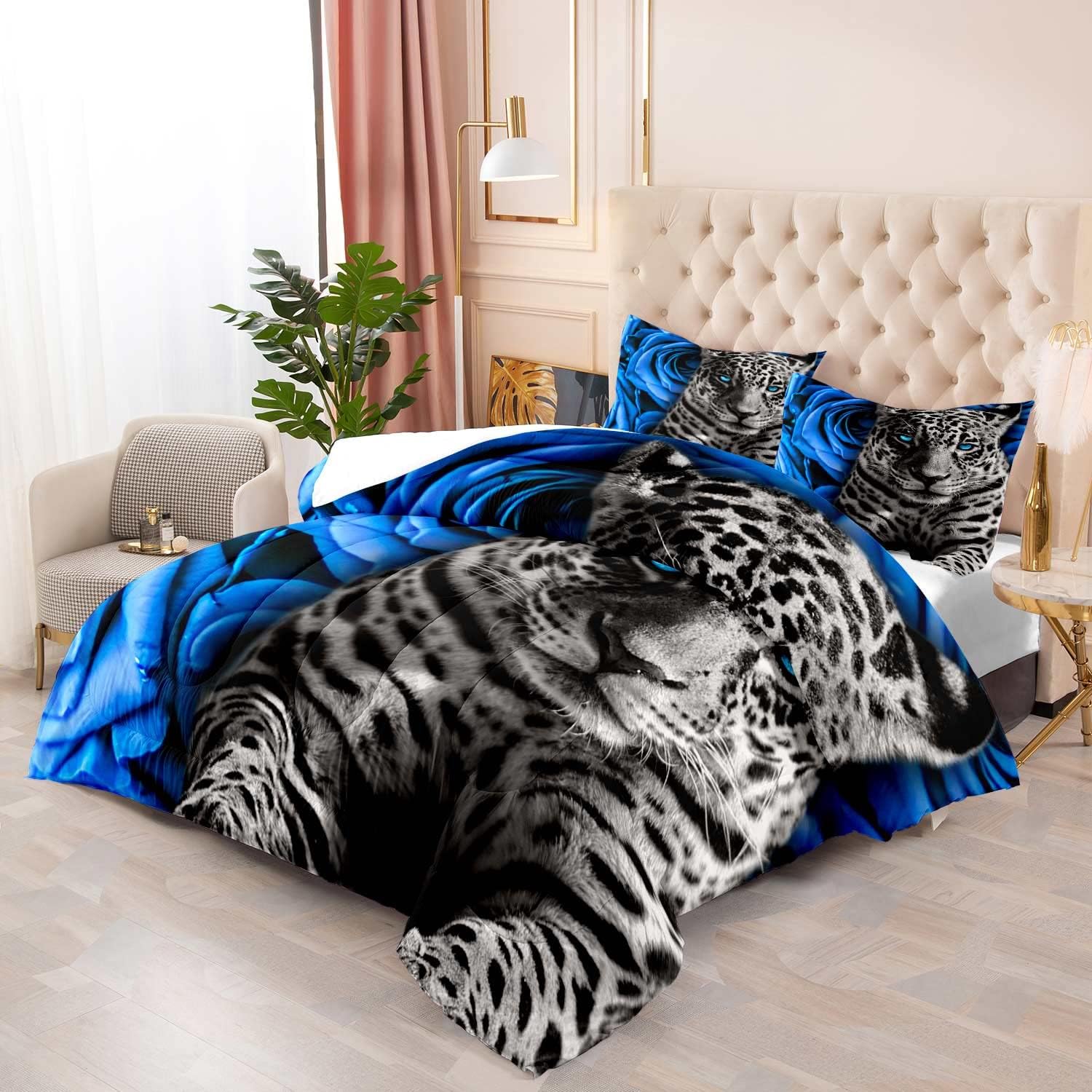 LUVIVIHOME 3PCS Blue Floral Comforter Set, Black and White Leopard Comforter Set Queen Size, Safari Animal Rose Bedding Quilt Flower Bedroom Decor for Women Romantic Gifts for Her Wife, 2 Pillow Shams
