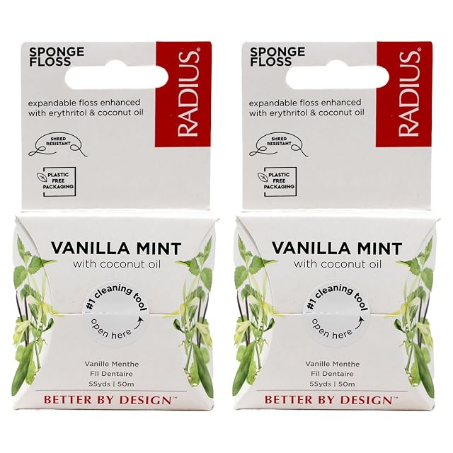 Radius Dental Floss Sponge Floss Vanilla Mint 55 Yards Vegan Non-Toxic Oral Care Designed to Help Fight Plaque