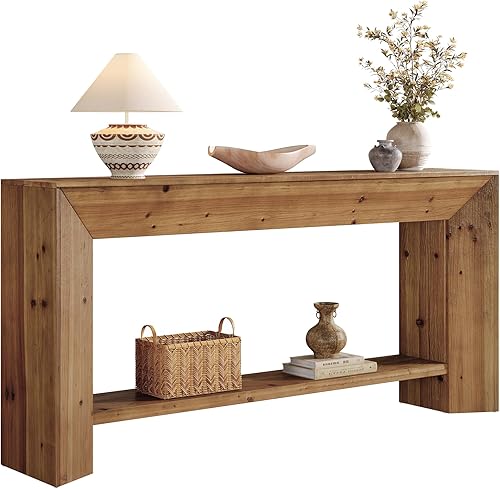 Mesa consola de madera maciza, mesa de entrada de 63 pulgadas con almacenamiento, mesa de sofá de madera larga de 2 niveles detrás del sofá para