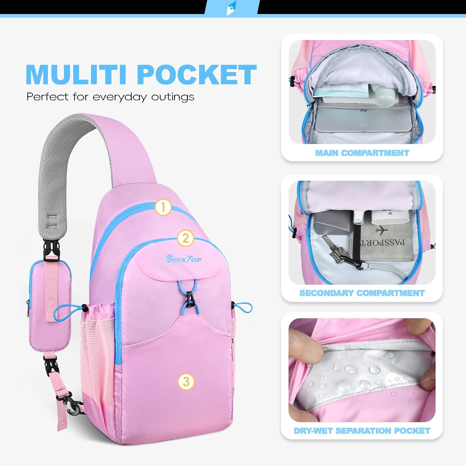 Seektop Crossbody Bag RFID Sling Backpack for Women & Men, Casual Chest Daypack for Hiking Travel