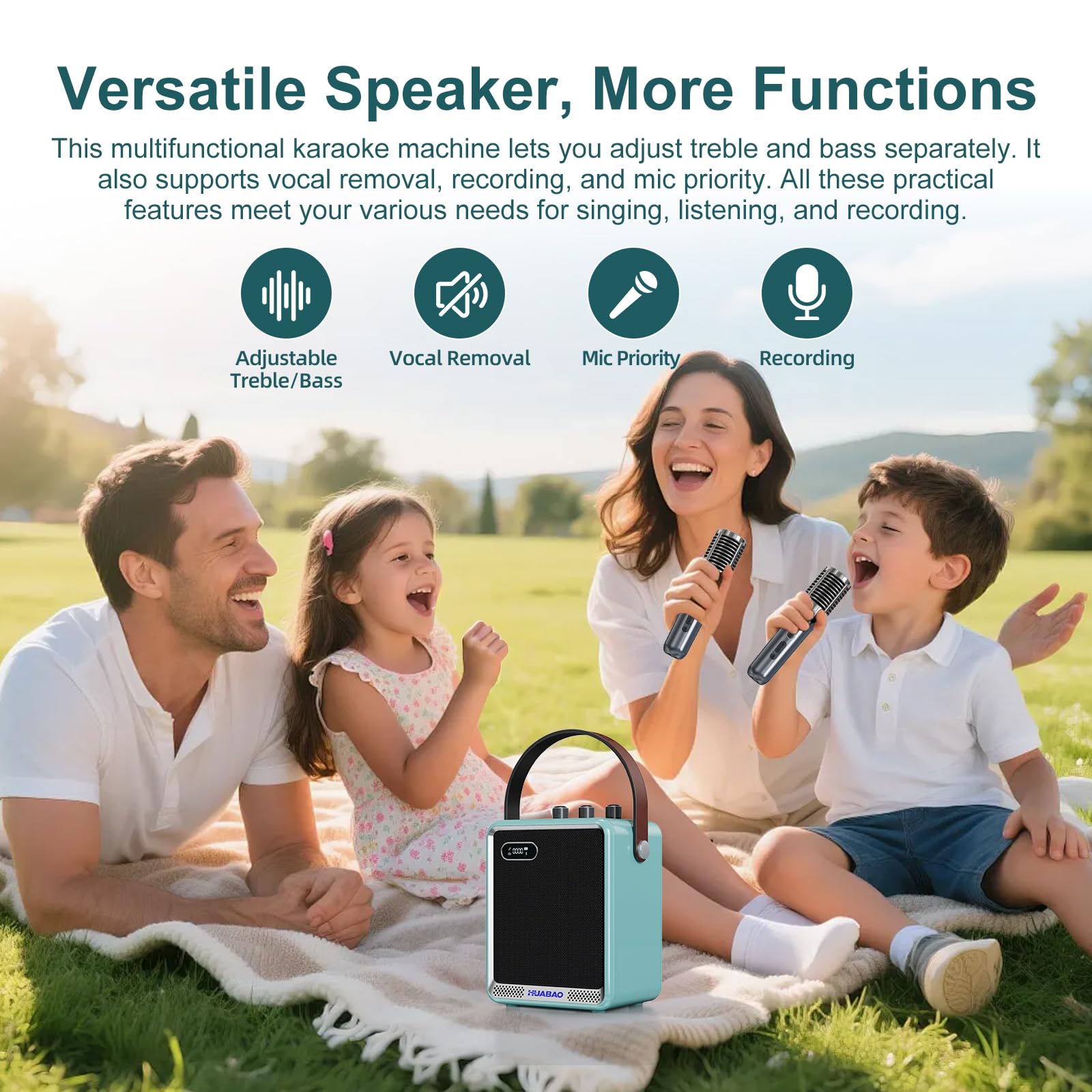 Karaoke-Anlage mit 2 drahtlosen Mikrofonen, tragbarer Bluetooth-Lautsprecher mit Mikrofon, kompakter Party-Lautsprecher mit LED-Beleuchtung, 30 W Leistung, 5400 mAh, für zu Hause und im Freien