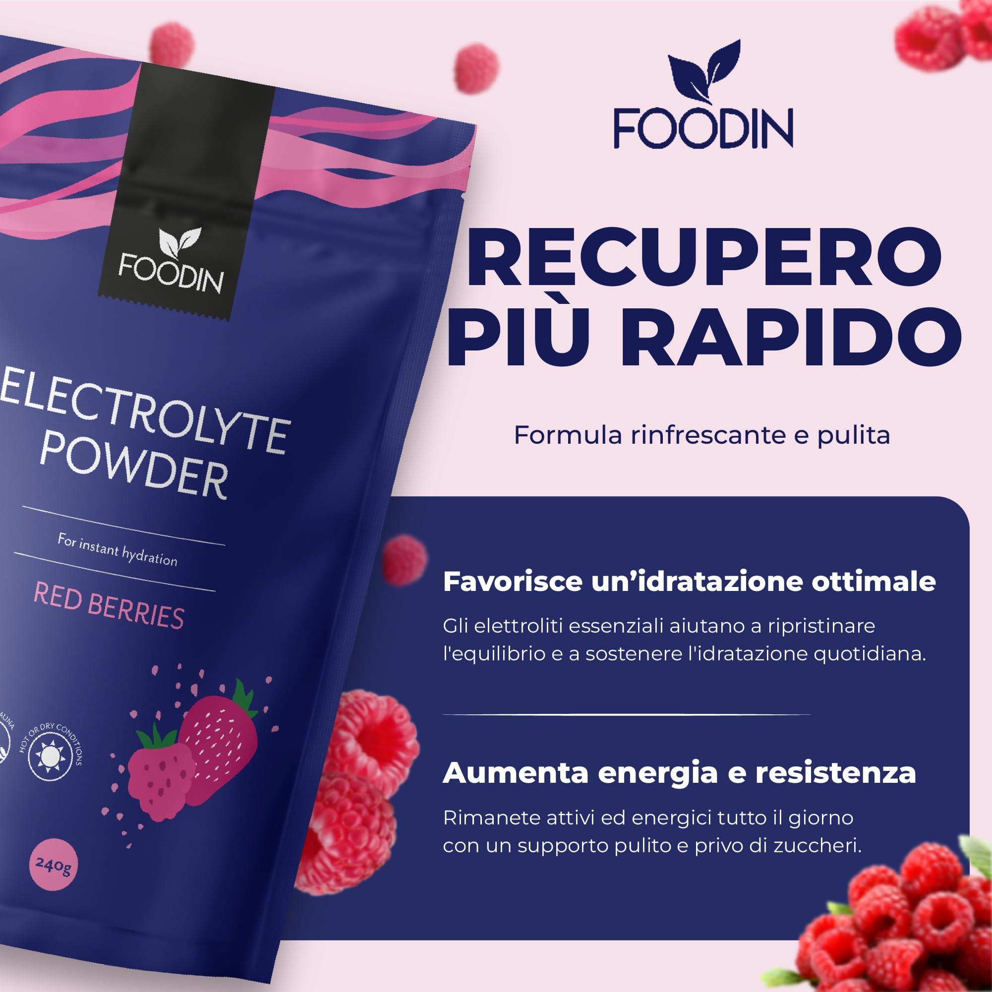 FOODIN Poudre d’Électrolytes Hydratation et Récupération avec OptiMSM Vitamine C AquaminF & Sel de Guérande – Boisson Isotonique sans Sucre Céto Énergie et Minéraux (Red Berries) 240 g