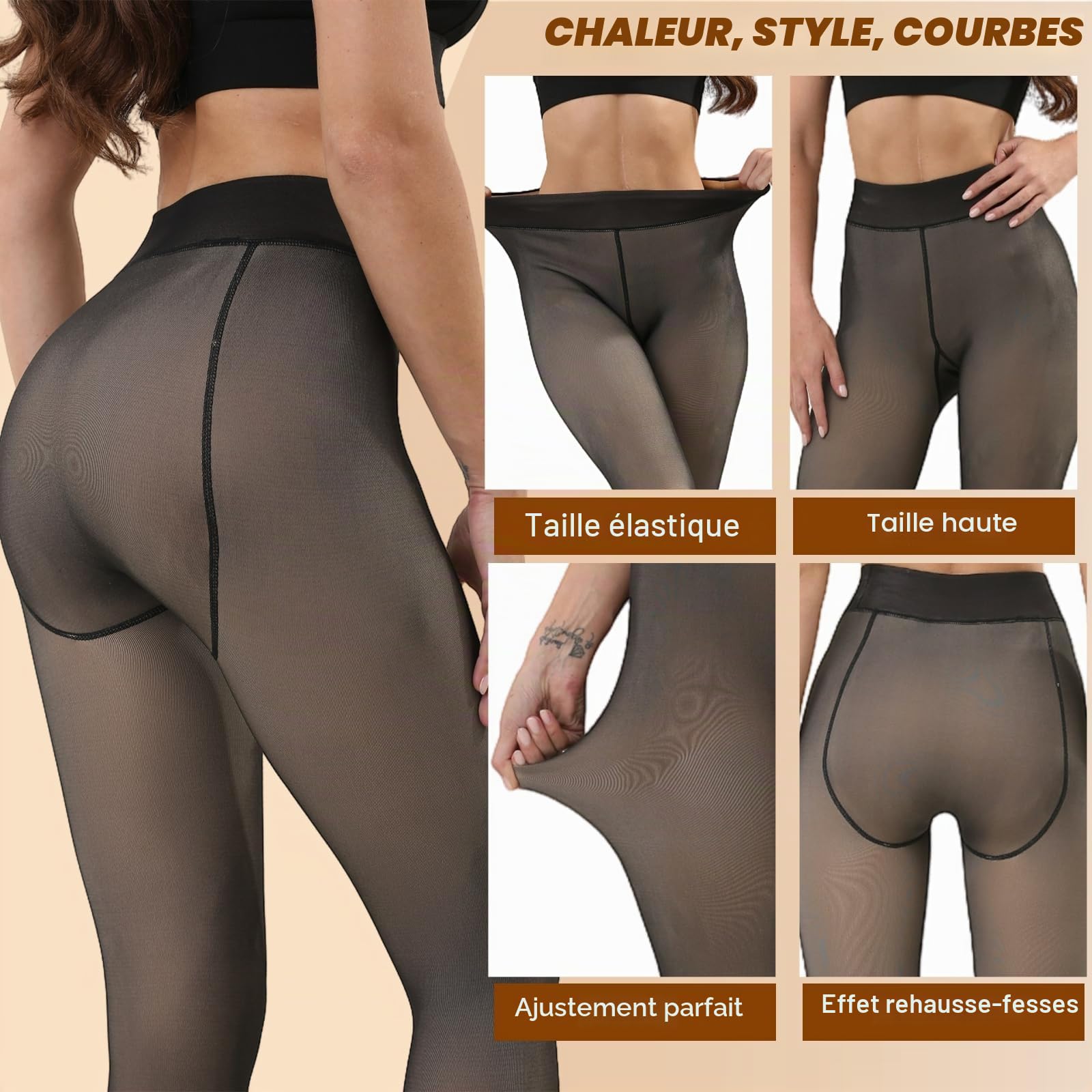 Merlvida Collant Polaire Femme Effet Transparent S-3XL - Collant Thermique Épais, Legging Chaud Femme Hiver - Collants à Taille Haute et Doublés Grande Taille