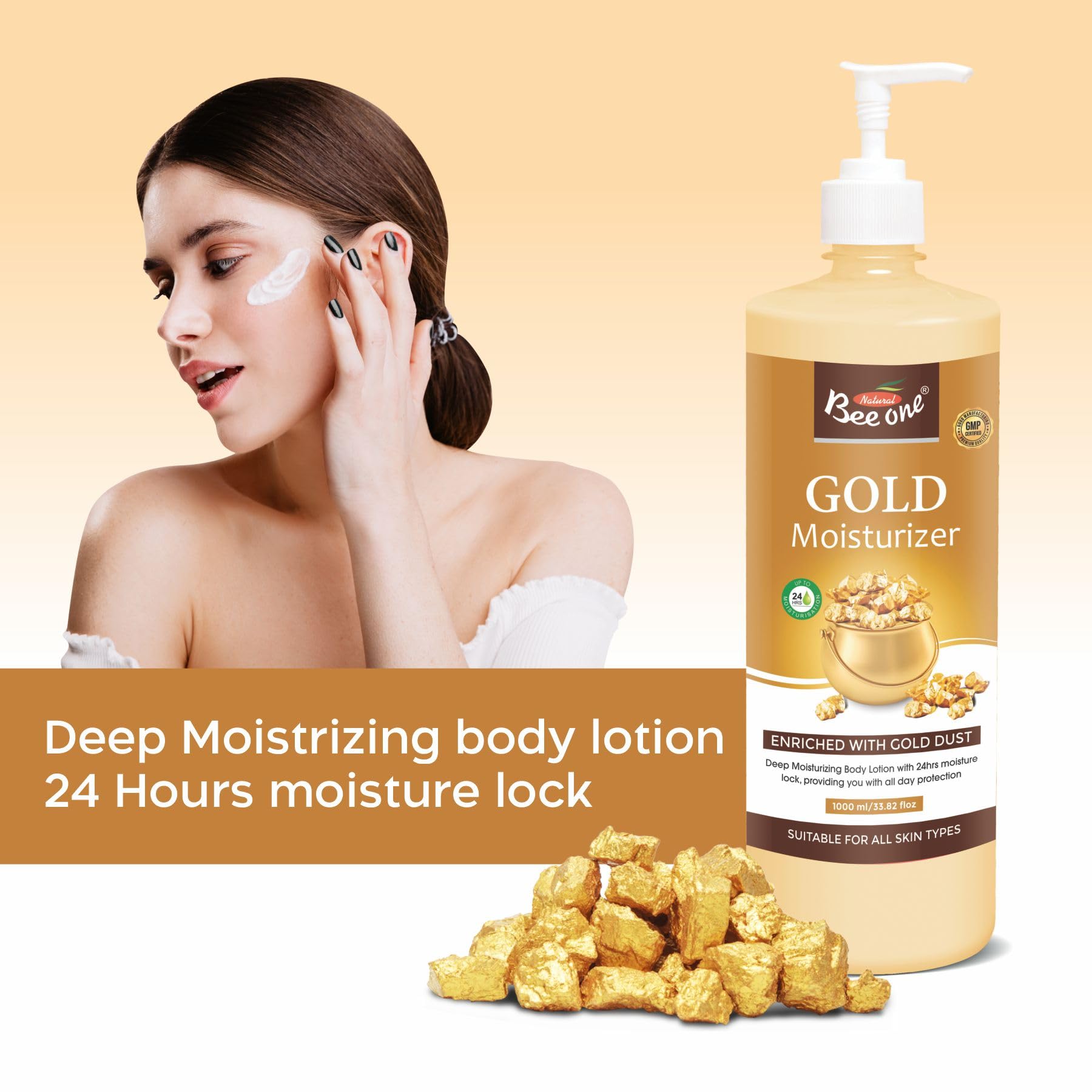 Bee One 24 hr Moisture Lock Body Lotion, for Soft and Supple Skin(Pack of 2) | 1000ml x 2= 2000ml (Gold) 1