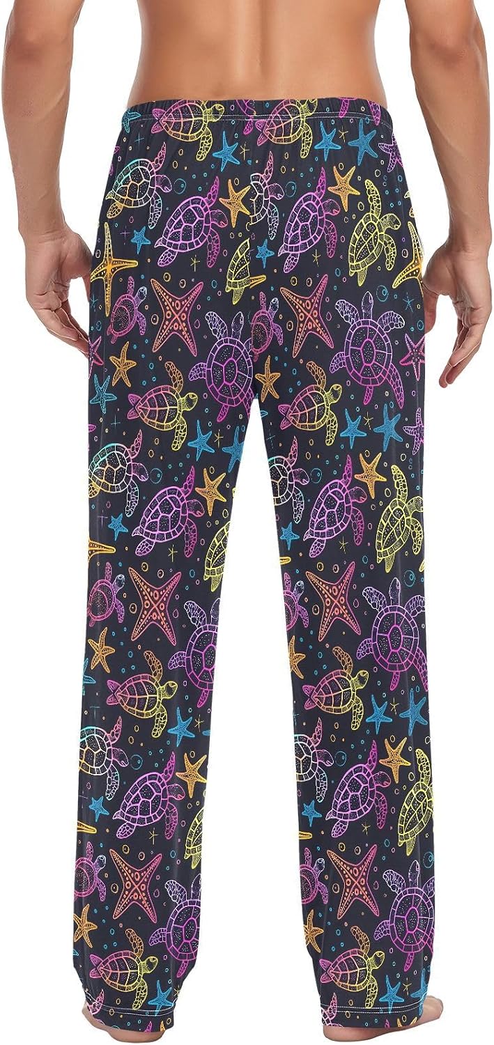 ALAZA Rainbow Sea Turtle Starfish Men's Pajama Pants Men Cotton Pajama Bottoms with Pockets, S