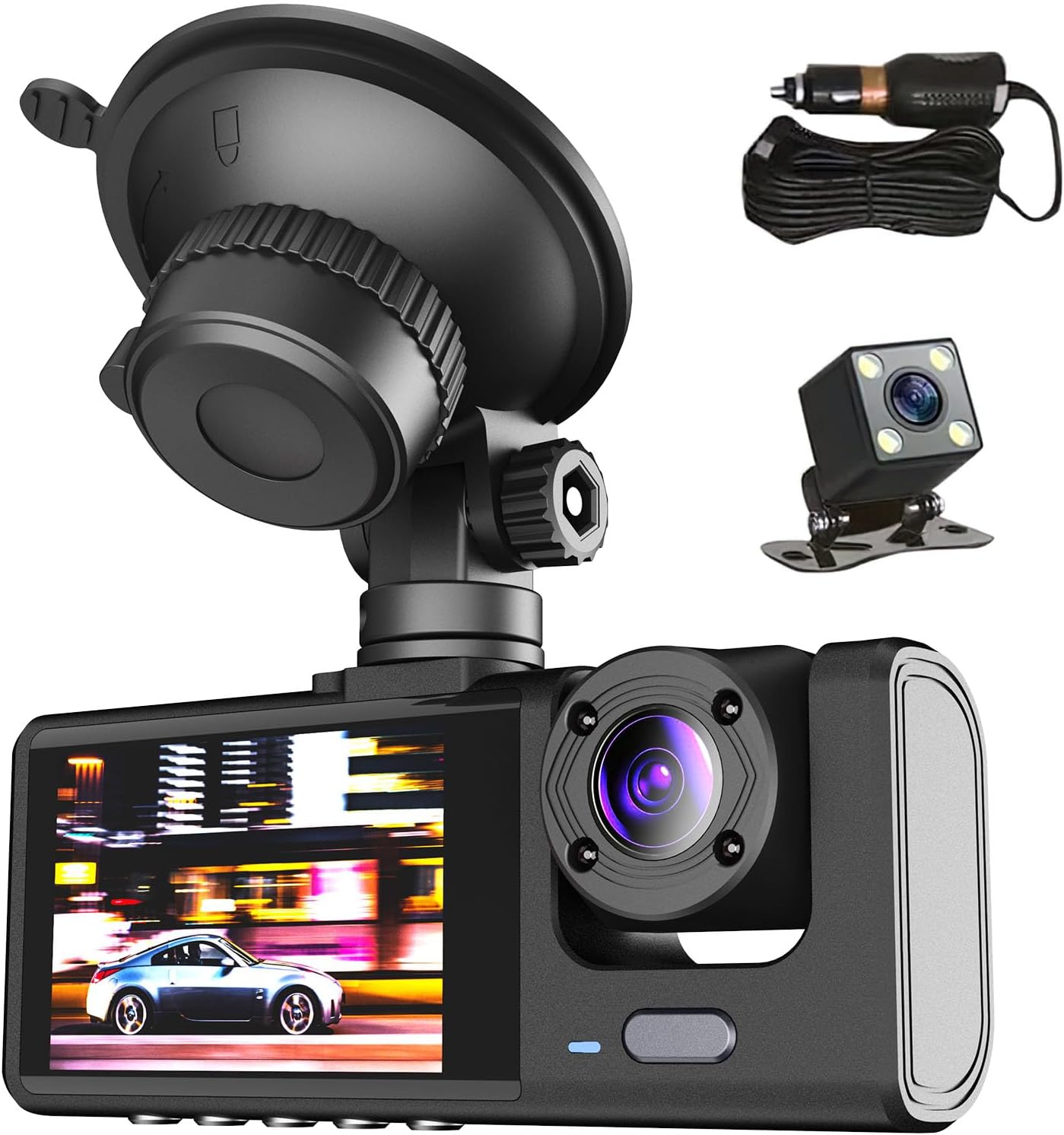 Dashcam 1080P HD Car Recorder, 3-Channel Wide Angle Video Recording Camera, 24 Hours Parking, Vehicle Security Monitoring