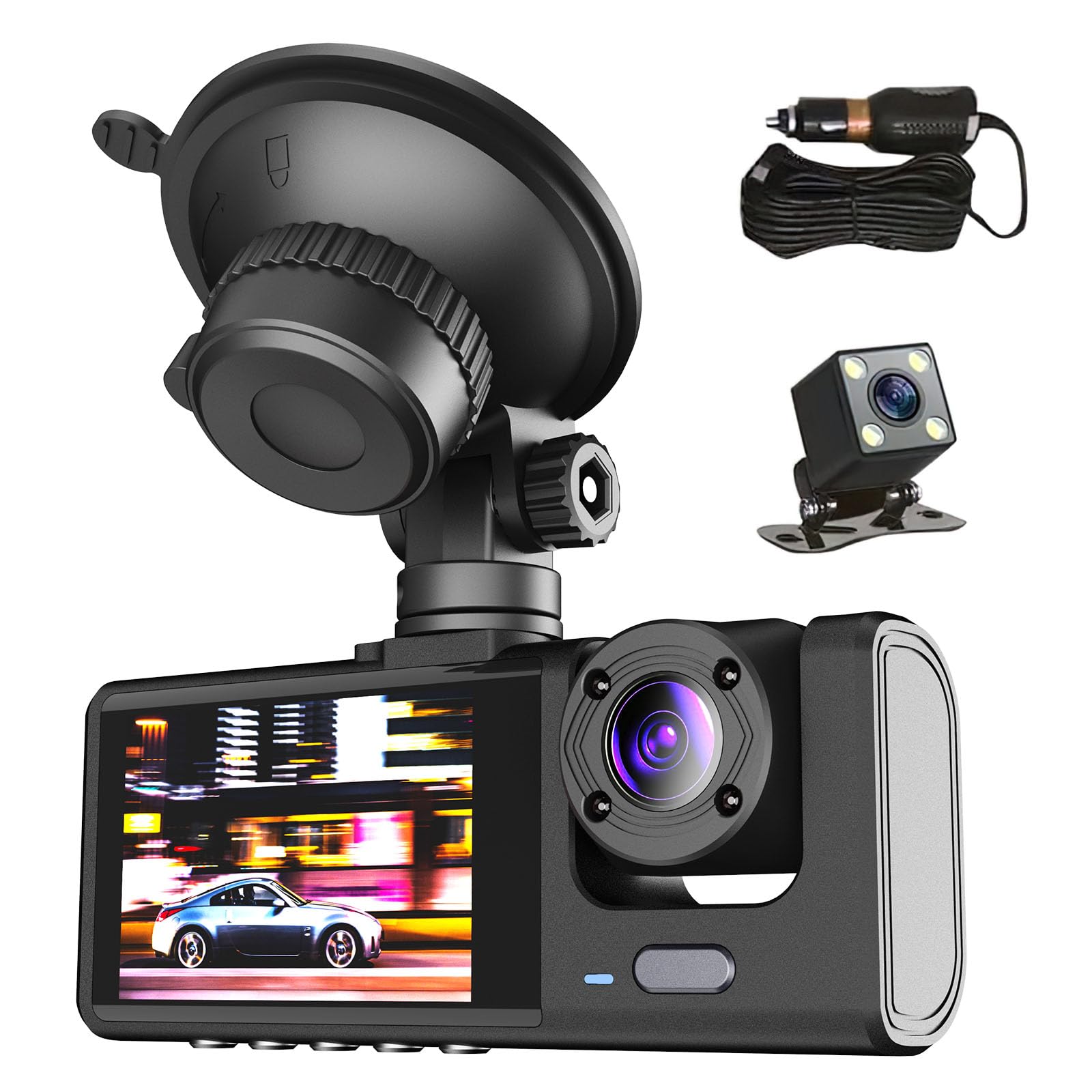 Dashcam 1080P HD Car Recorder, 3-Channel Wide Angle Video Recording Camera, 24 Hours Parking, Vehicle Security Monitoring