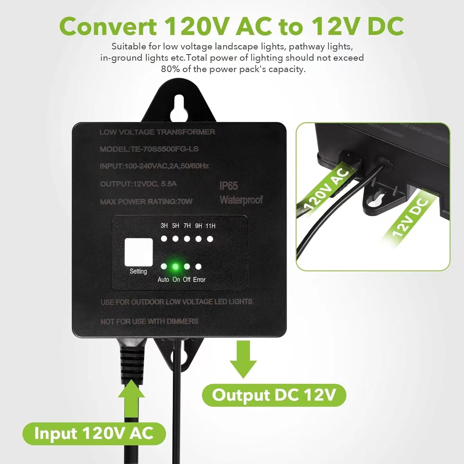 70W Low Voltage Landscape Transformer with Timer and Photocell, AC 120V to 12V DC,Waterproof Outdoor Landscape Lighting Transformer for Landscape SpotLights Pathway Lights