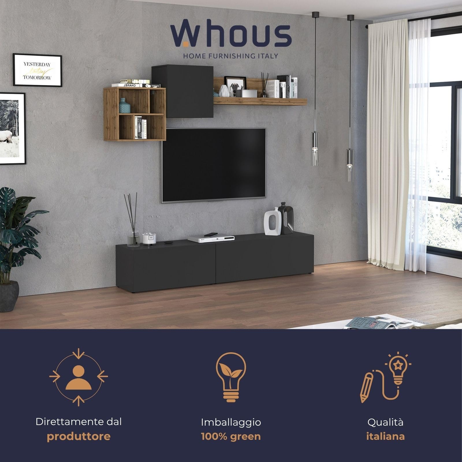 WHOUS Parete Attrezzata CHRONOS per Soggiorno, Mobile Porta TV, 2 Pensili a Cubo e Mensola per Salotto in Legno, 210x40 cm, Antracite Opaco e Rovere