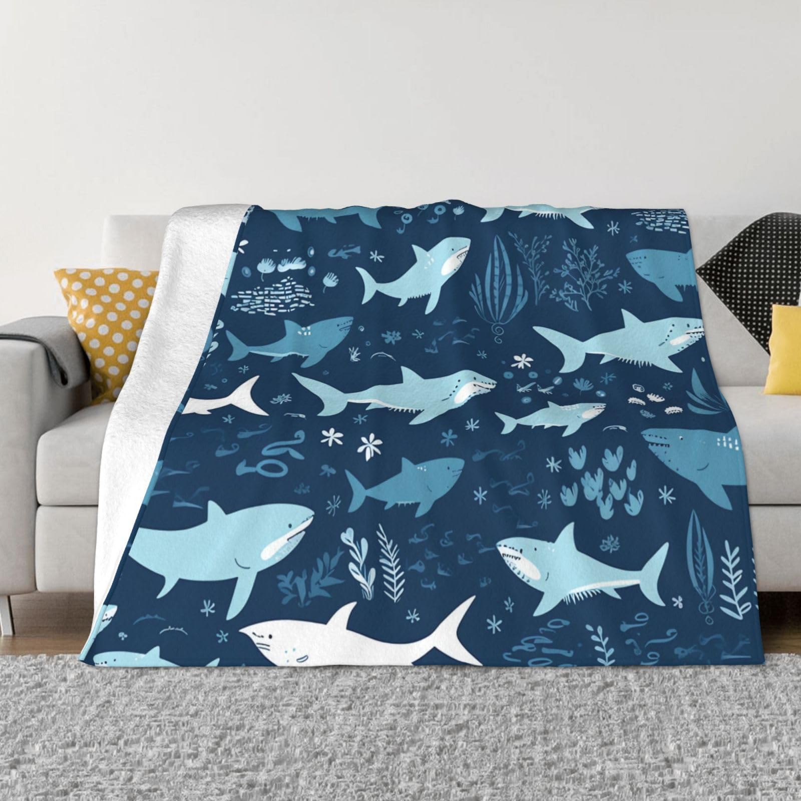 Couverture flanelle légère requins grand format 203x152 cm pour voyage et lit toutes saisons