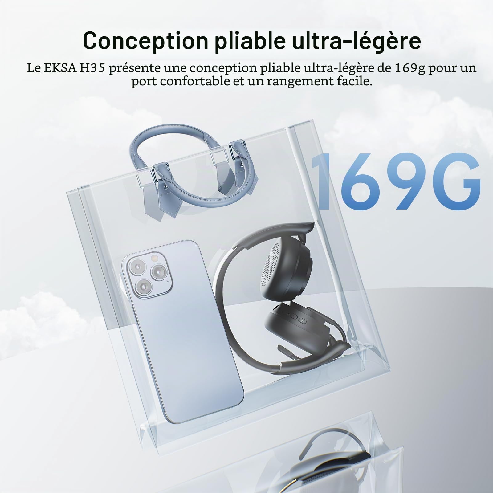 EKSA H35 Casque Bluetooth, Casque sans Fil avec Microphone, [25 Hrs D'autonomie&169g Ultra-Léger], Casque avec Réduction du Bruit par AI, Wireless Casque PC adapté Télétravail/Centre D'appels/Bureau