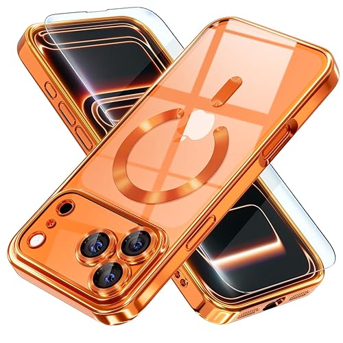 Misea Magnetic for iPhone 17 Pro Case Compatible with MagSafe [Never Yellowing] [Military Grade Drop Protection] Full Camera Lens Protector Plating Soft Clear Phone Case for Women, Cosmic Orange - Orange - For iPhone 17 Pro