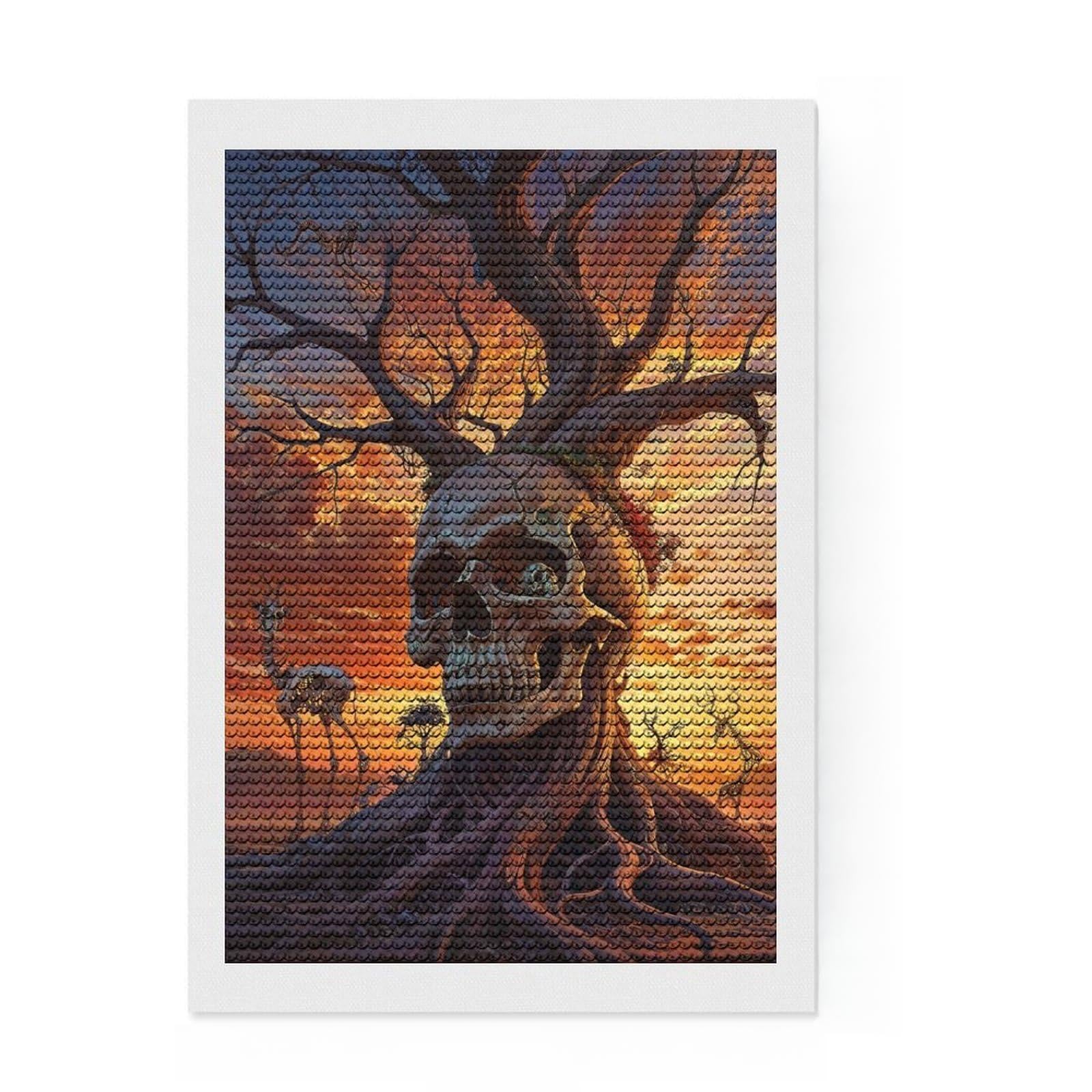 Junmoney Surreal Sunset Skull Tree Diamond Painting Canvas Set 8"x12", for Craft Lovers, Nice Detail and Sparkle, Boho Decor, Birthday Gift