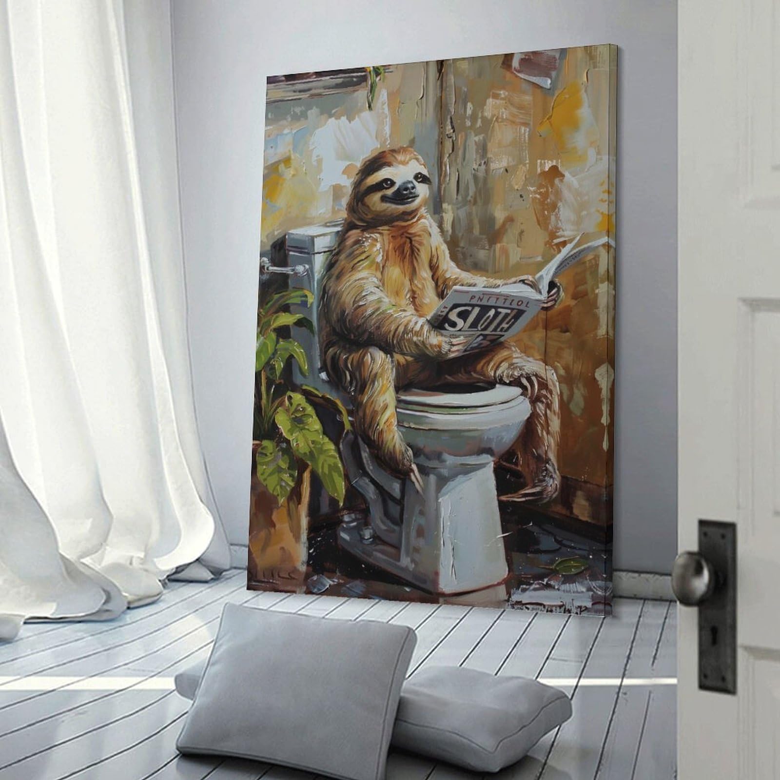 Junmoney Canvas Art Print Sloth on Toilet Reading, 20x30inch(50x75cm), for Office, Study Or Home Workspace, Decorative Artwork for Productive Spaces
