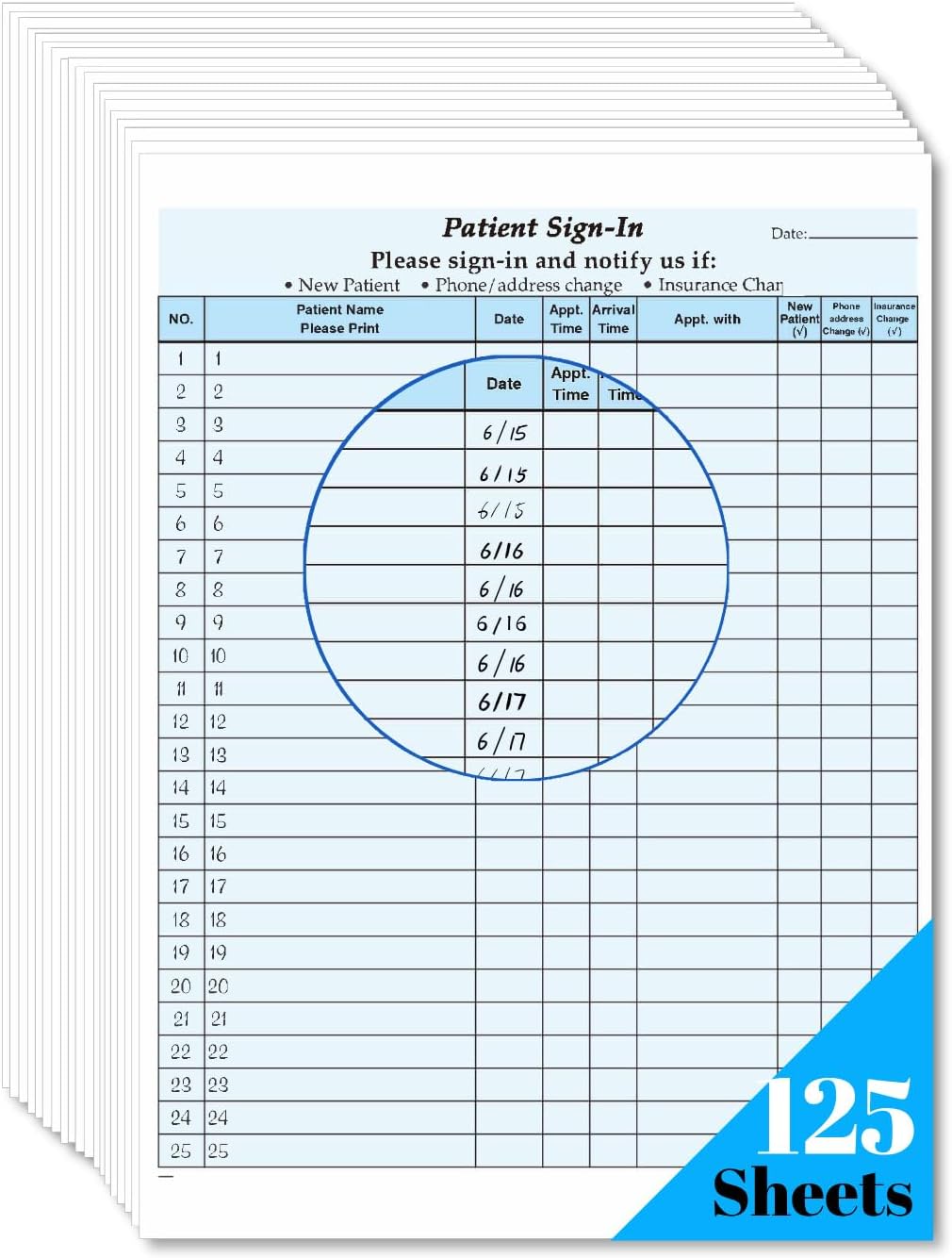 Patient Sign in Sheets, HIPAA Compliant, 125-Pack, Carbonless 3-Part Medical Forms with Peel-Off Labels & Date Column,Simplify Check in for Hospitals, Clinics, Blue (125)